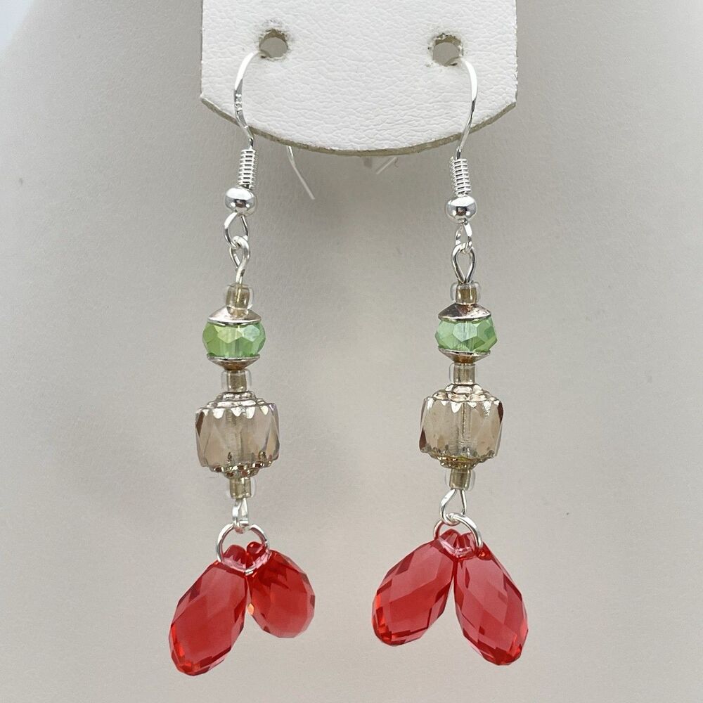 Earrings Swarovski Crystals Red Teardrop Glass Beaded Dangle Silver Plated